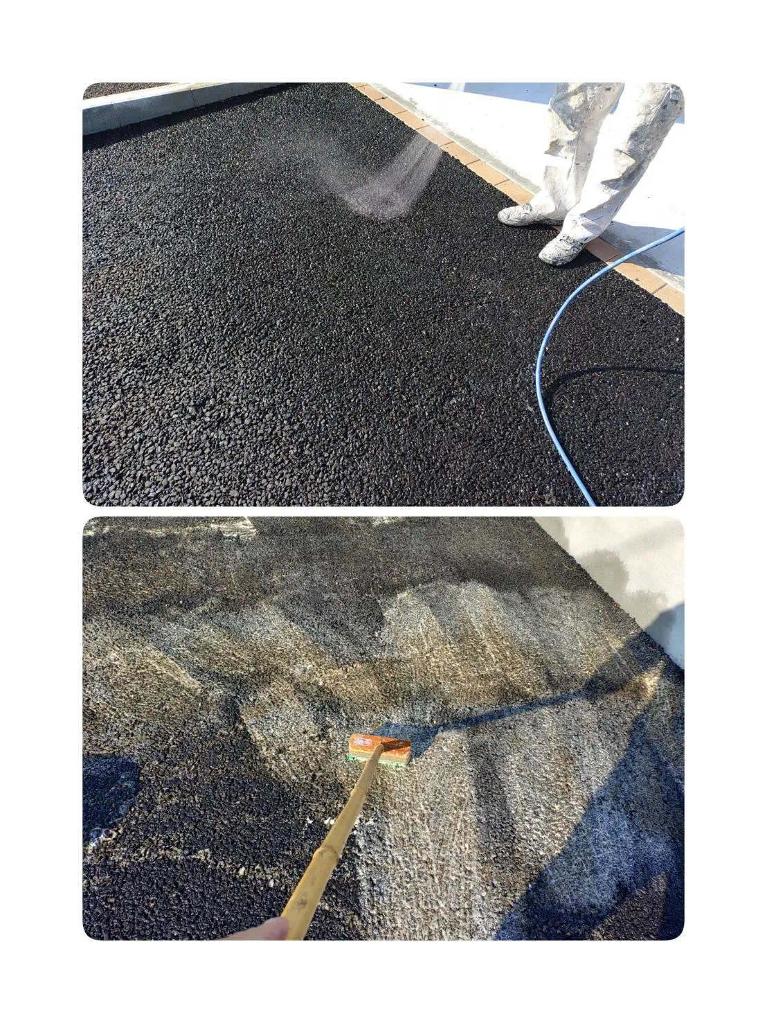 駐車場土間塗装のマットスプレー作業を開始しました。