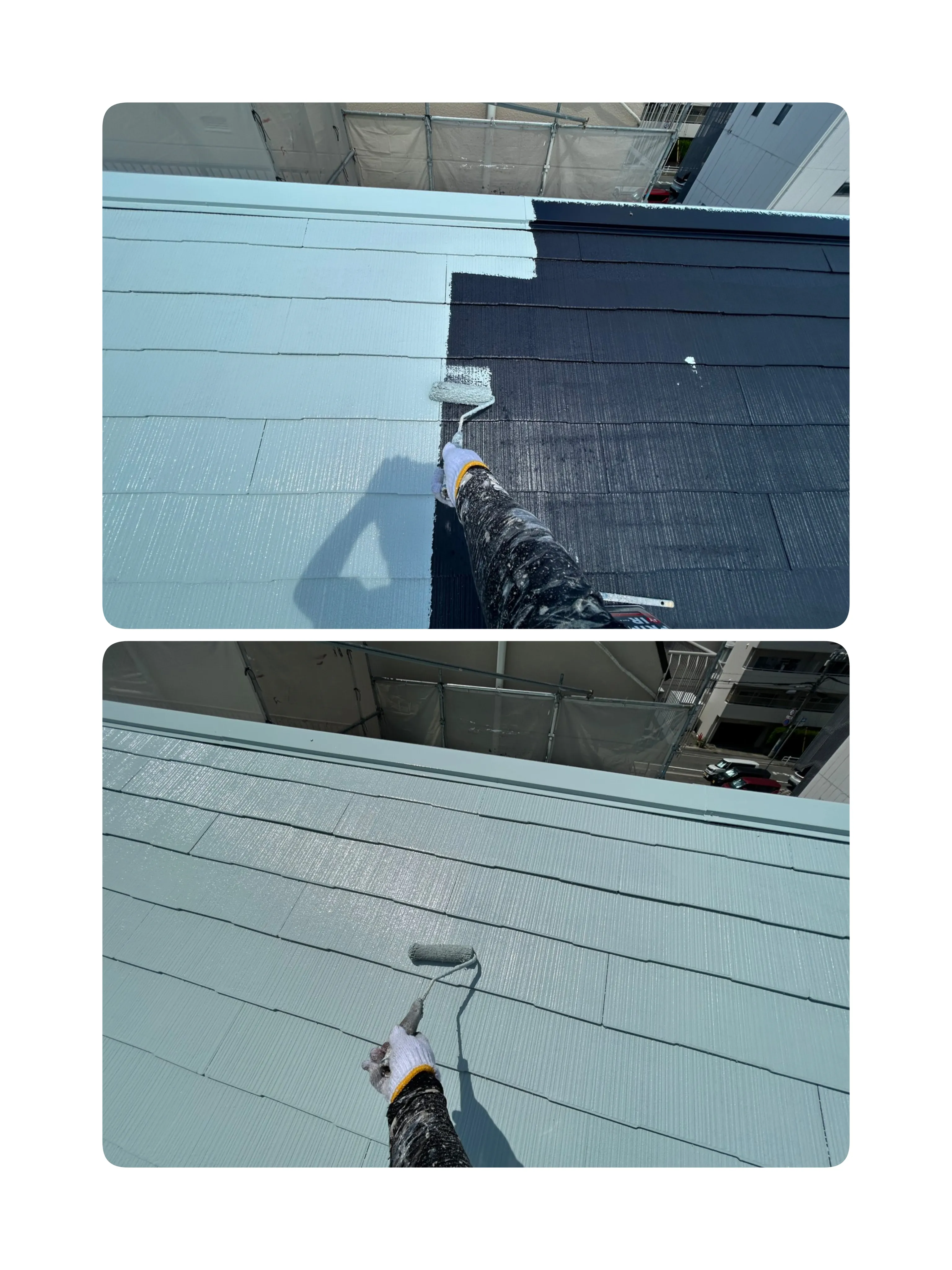 本日は、窯業系サイディングと屋根の塗装作業を進めました。